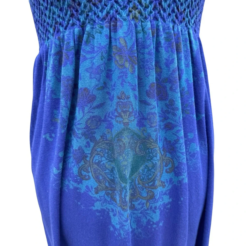 M Rena Blue Floral Damask Smocked Bodice Cami Mini Dress Indie Boho Festival S/M